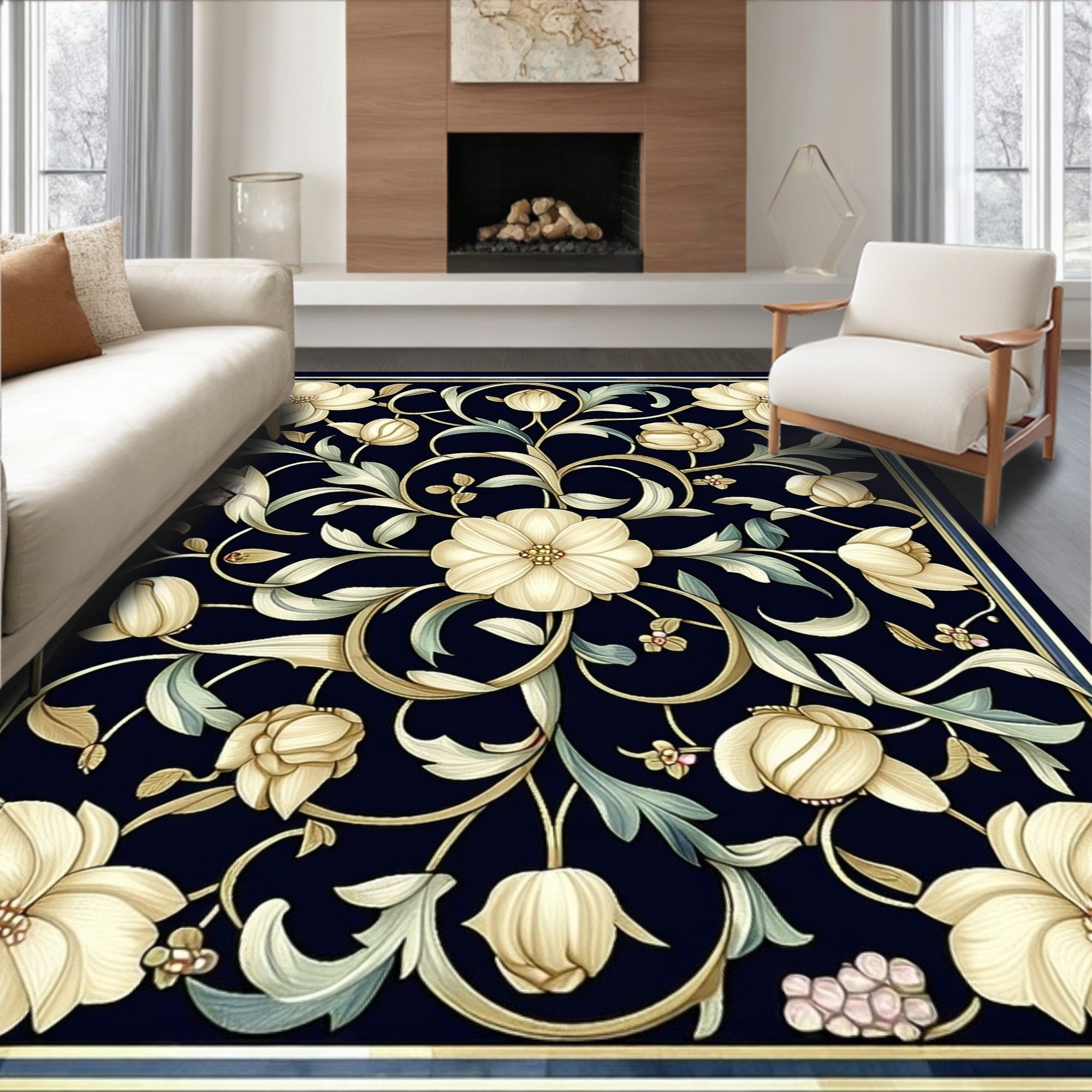Ornate Floral Scrollwork Dark Rug
