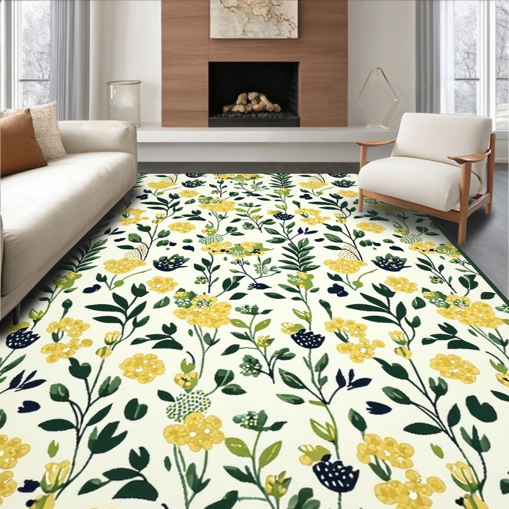 Yellow Green Floral Vines Rug