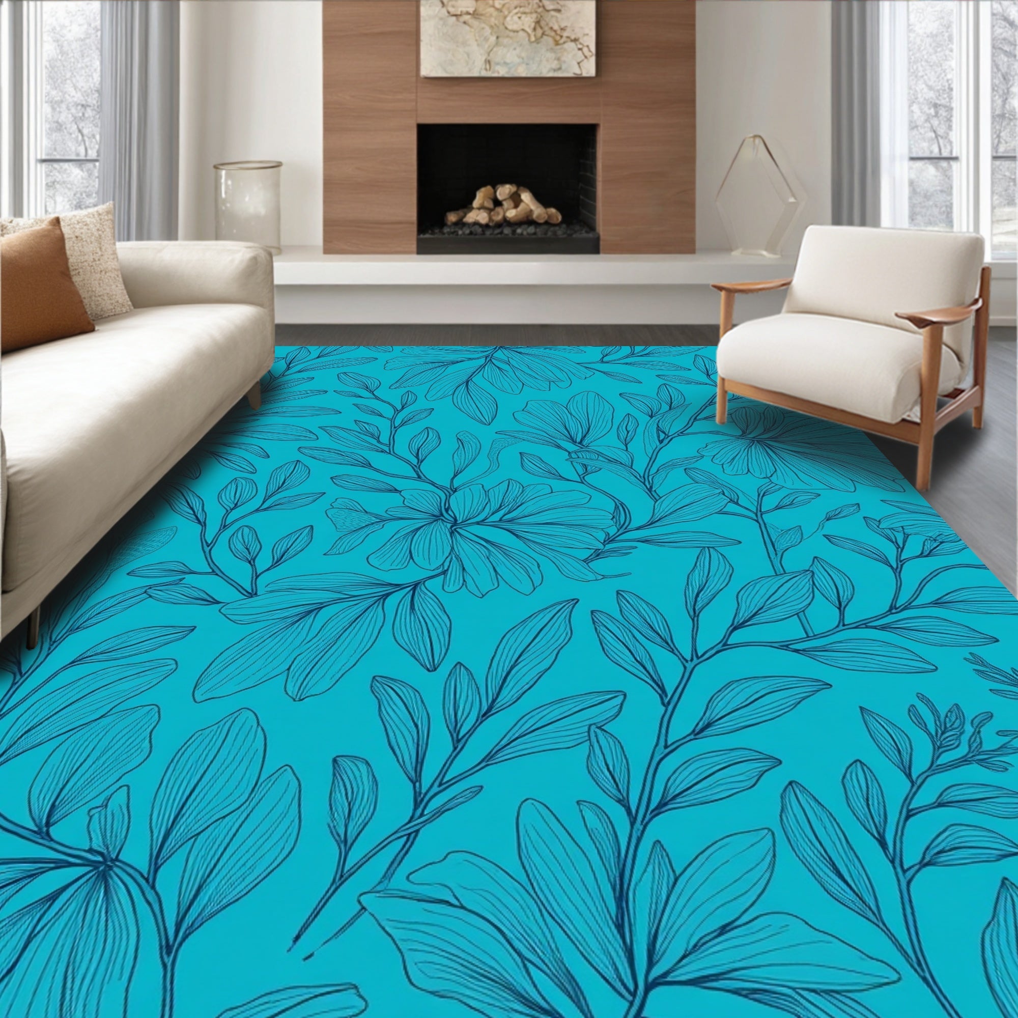 Teal Botanical Sketch Pattern Rug