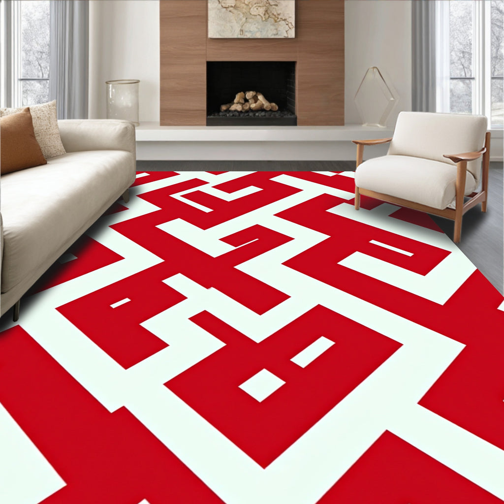Bold Red Geometric Labyrinth Rug