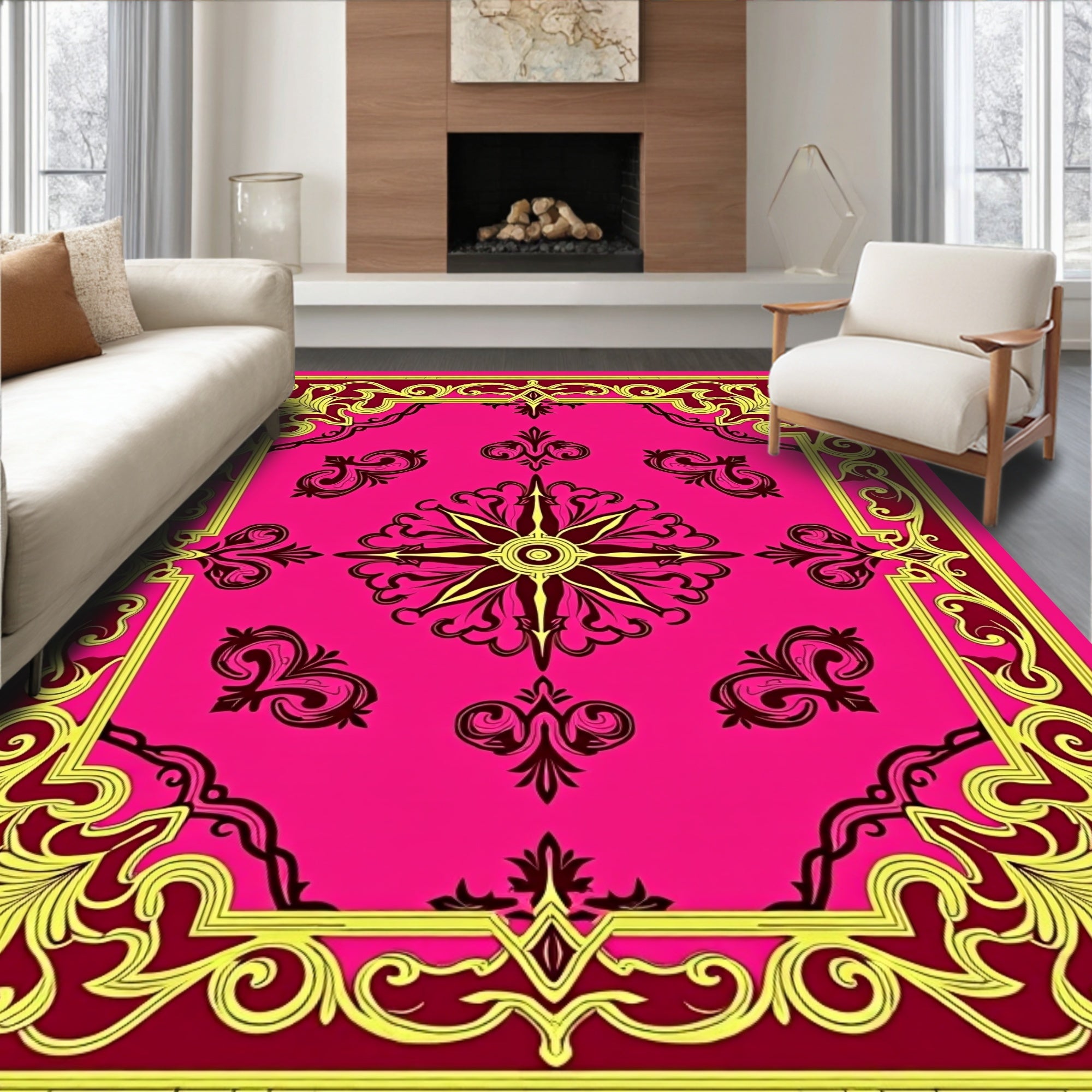 Vibrant Fuchsia Ornate Floral Medallion Rug