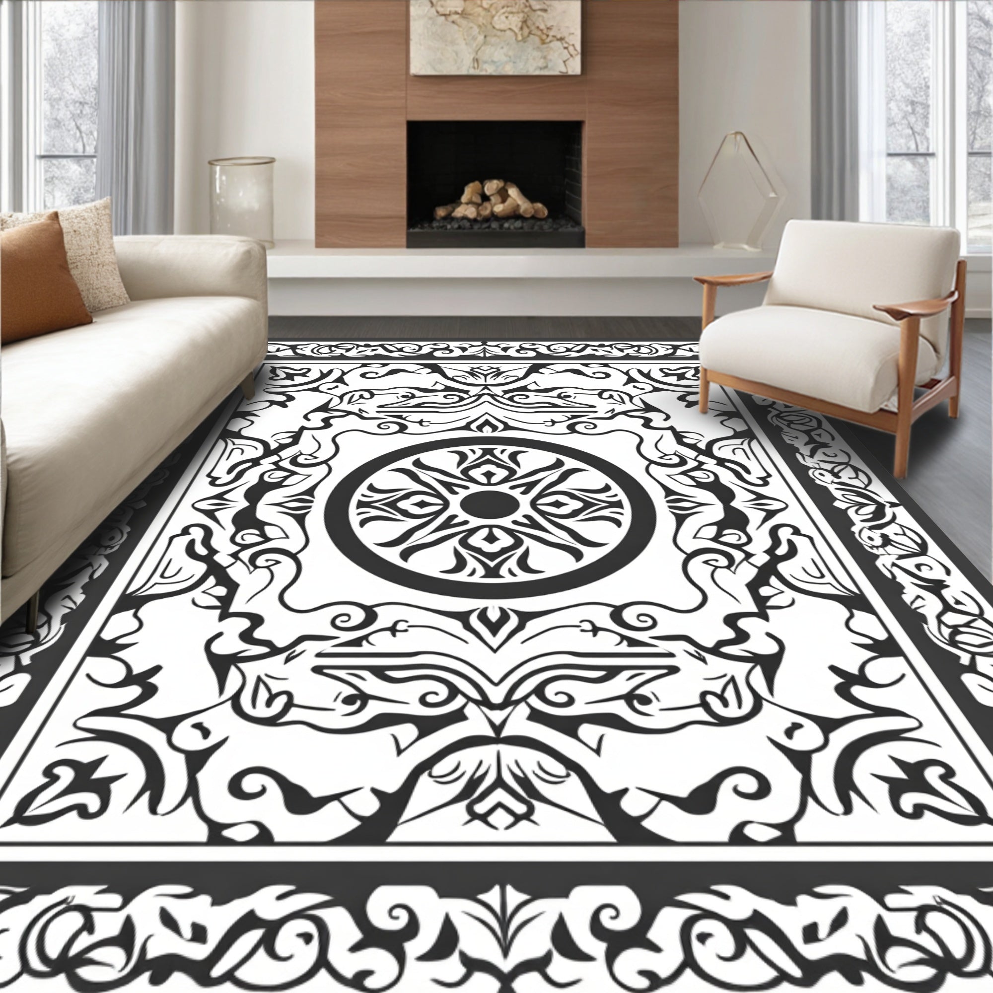 Intricate Black White Floral Medallion Rug