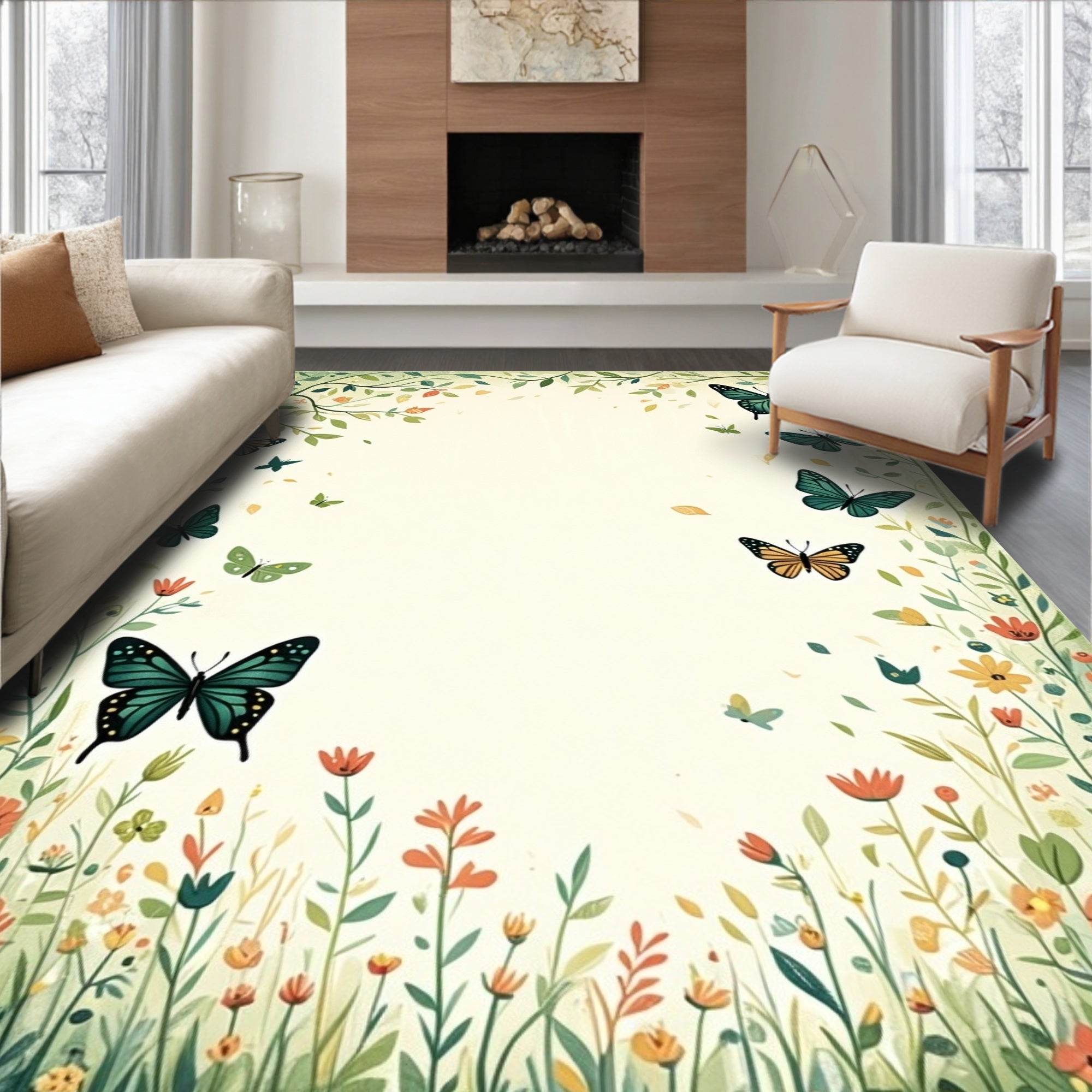 Whimsical Butterflies And Floral Meadow Design Rug
