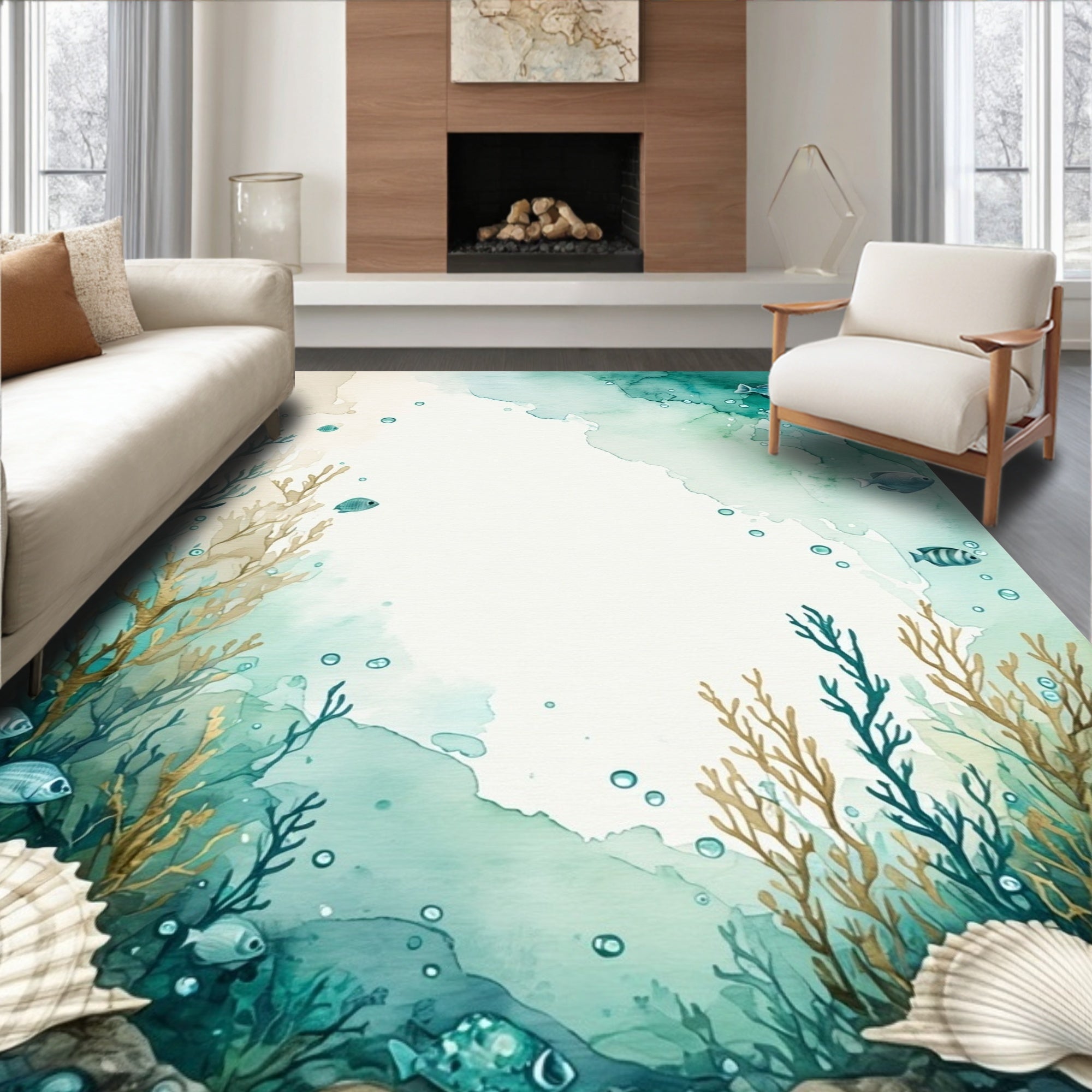 Ocean Life Watercolor Scene Rug
