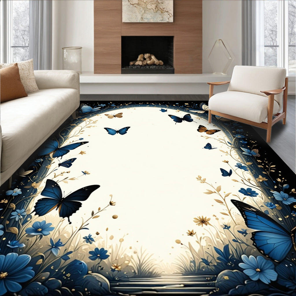 Enchanting Blue Butterfly Floral Garden Rug
