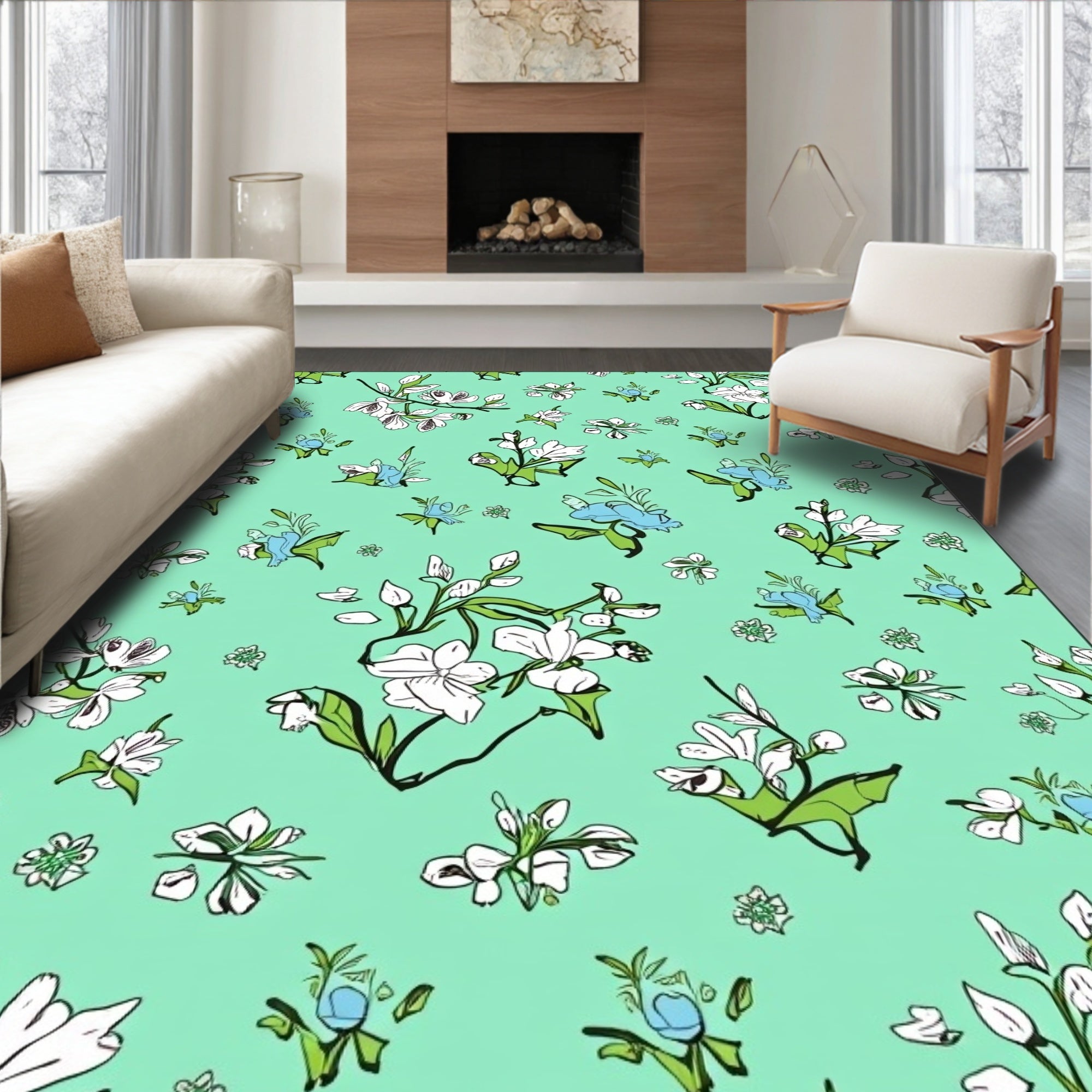 Floral Whimsical Birds On Teal Design Rug