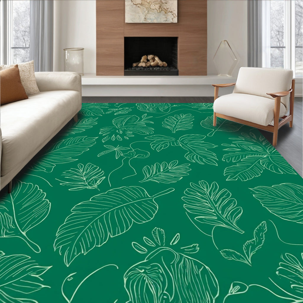 Green Leaf Pattern Sketch Rug