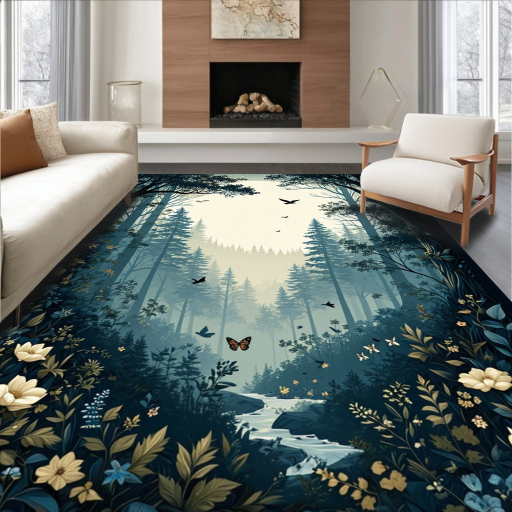 Midnight Forest With Butterflies Birds Rug