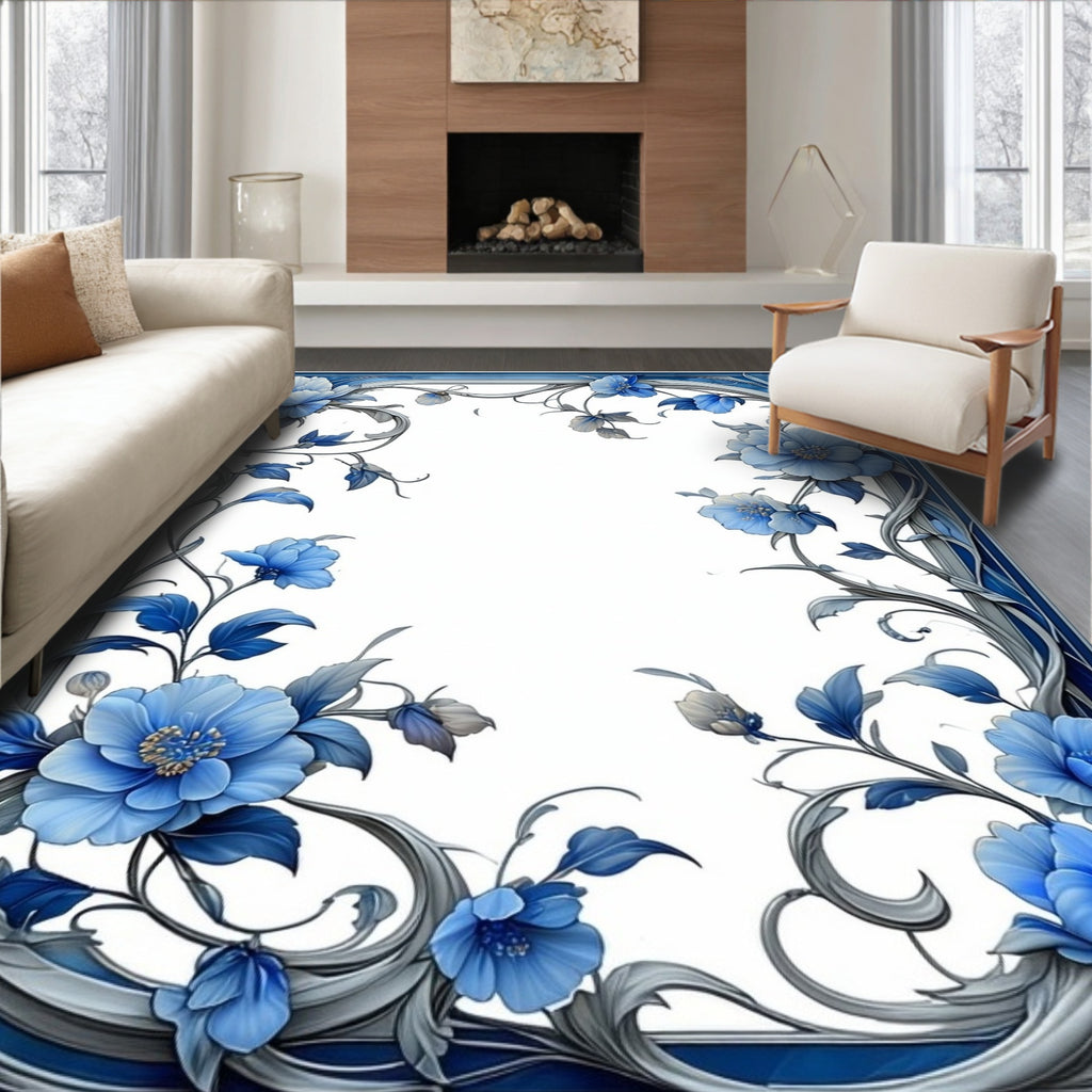 Blue Floral Swirls Border Design Rug