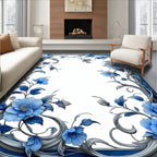 Blue Floral Swirls Border Design Rug