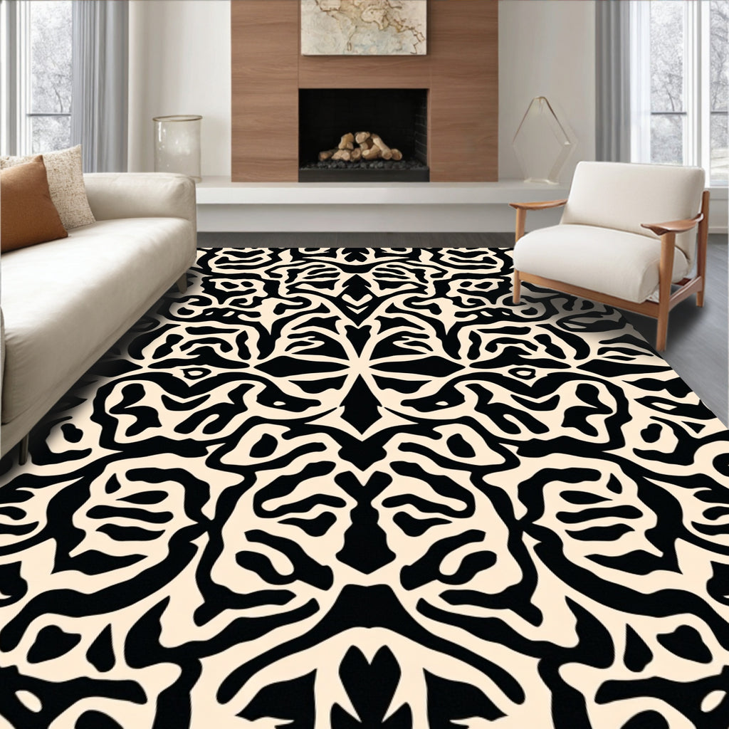 Bold Black Ivory Organic Pattern Rug