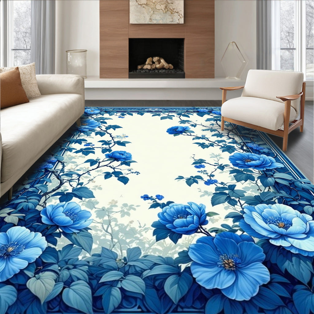 Ornate Blue Floral Vines Design Rug