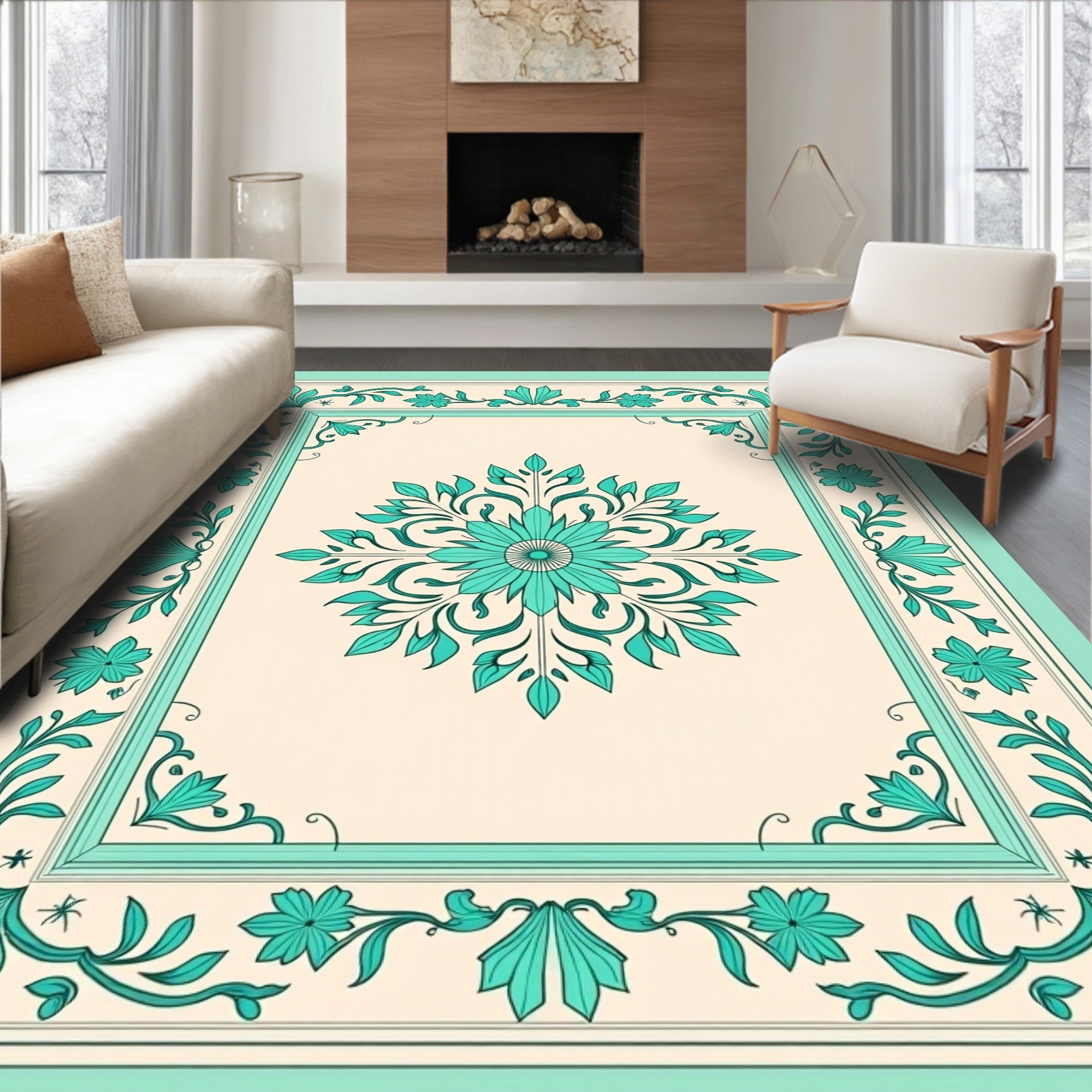 Ornate Floral Border Medallion Design Rug