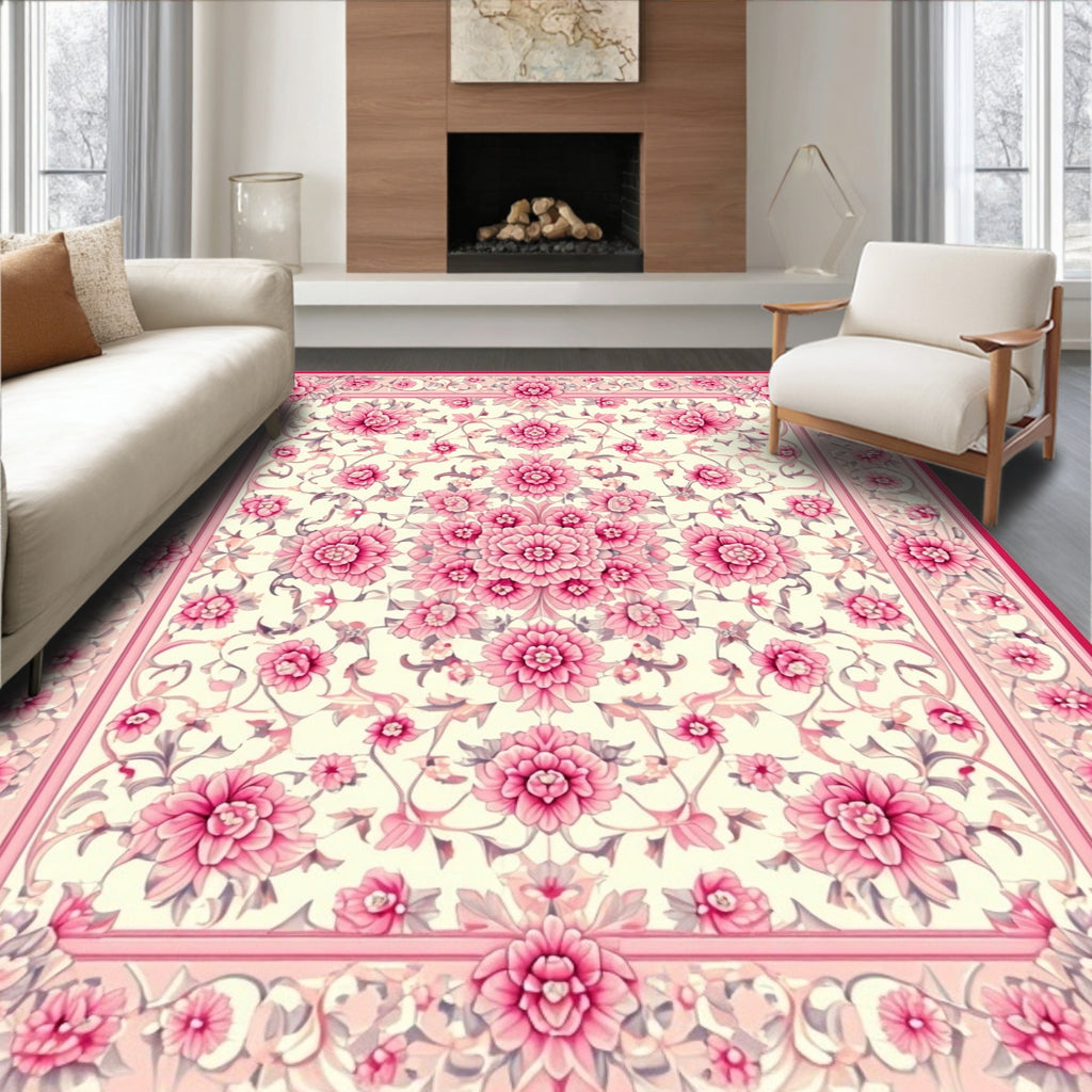 Intricate Pink Floral Garden Pattern Rug