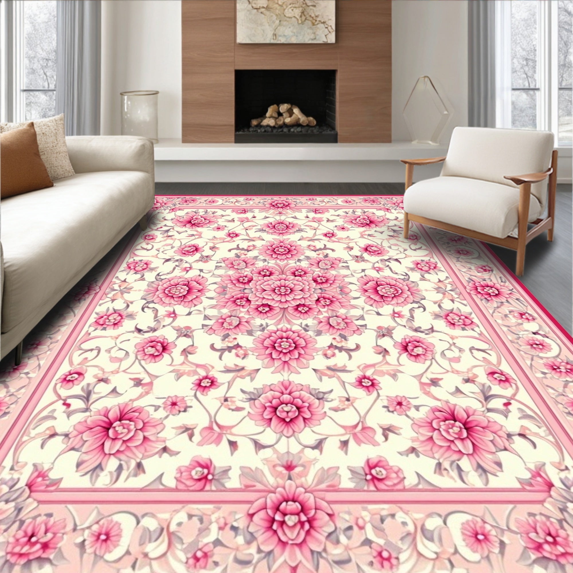 Intricate Pink Floral Garden Pattern Rug