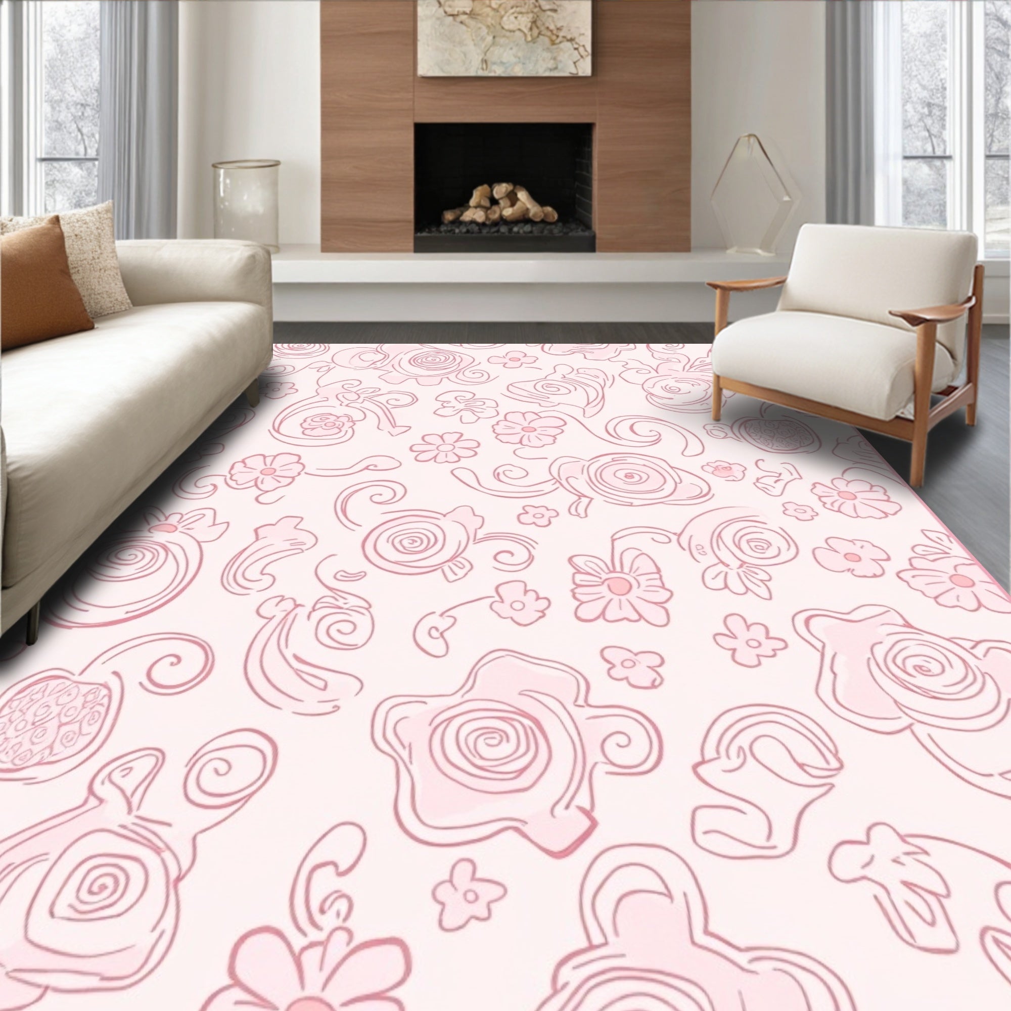 Sweet Pink Swirls And Petals Design Rug