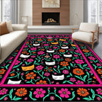 Whimsical Floral Cat Pattern Rug