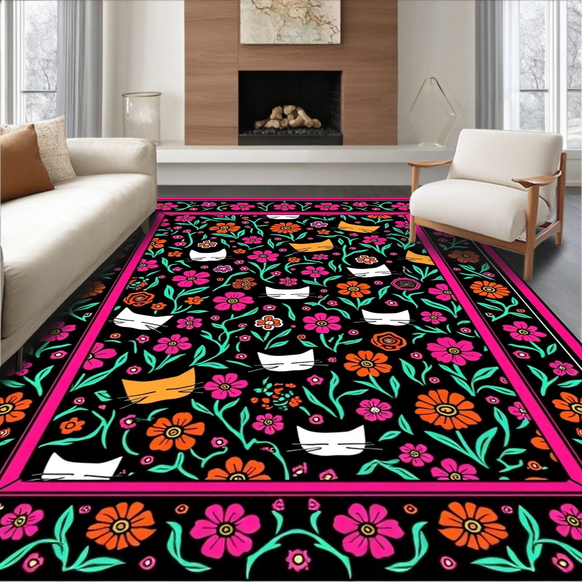 Whimsical Floral Cat Pattern Rug