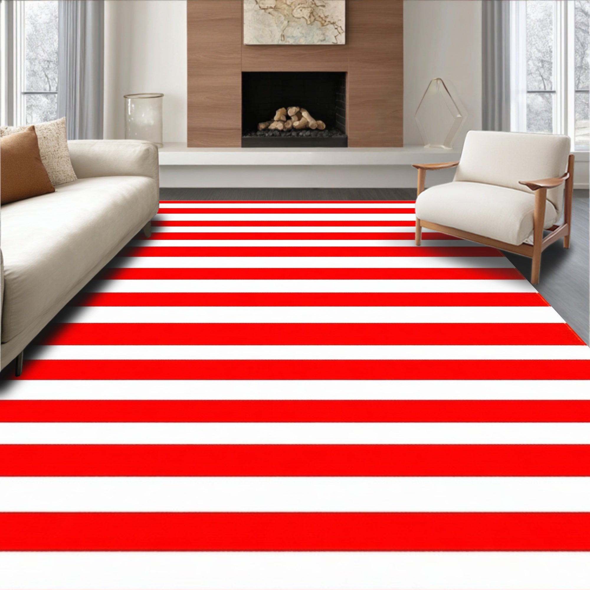 Bold Red White Stripe Pattern Rug