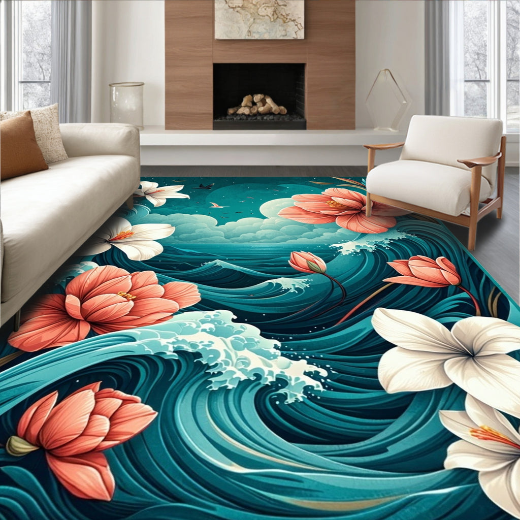 Tropical Flowers in Ocean Waves Rug
