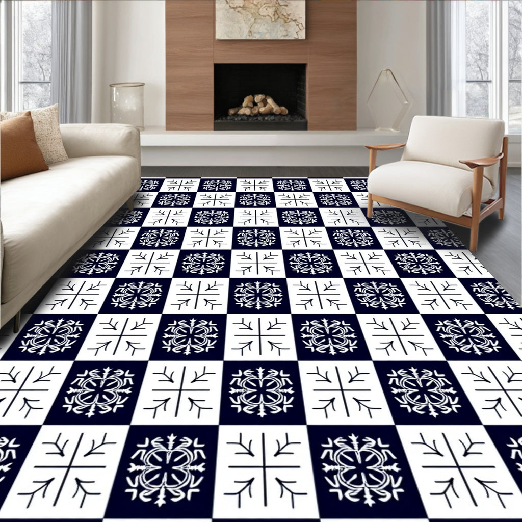 Navy White Checkerboard Floral Tile Rug