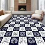 Navy White Checkerboard Floral Tile Rug