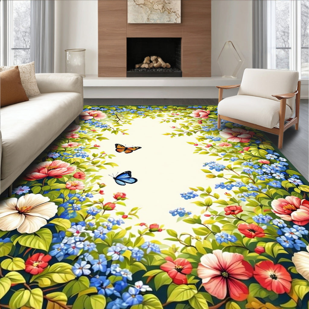 Floral Frame With Butterflies Design Rug