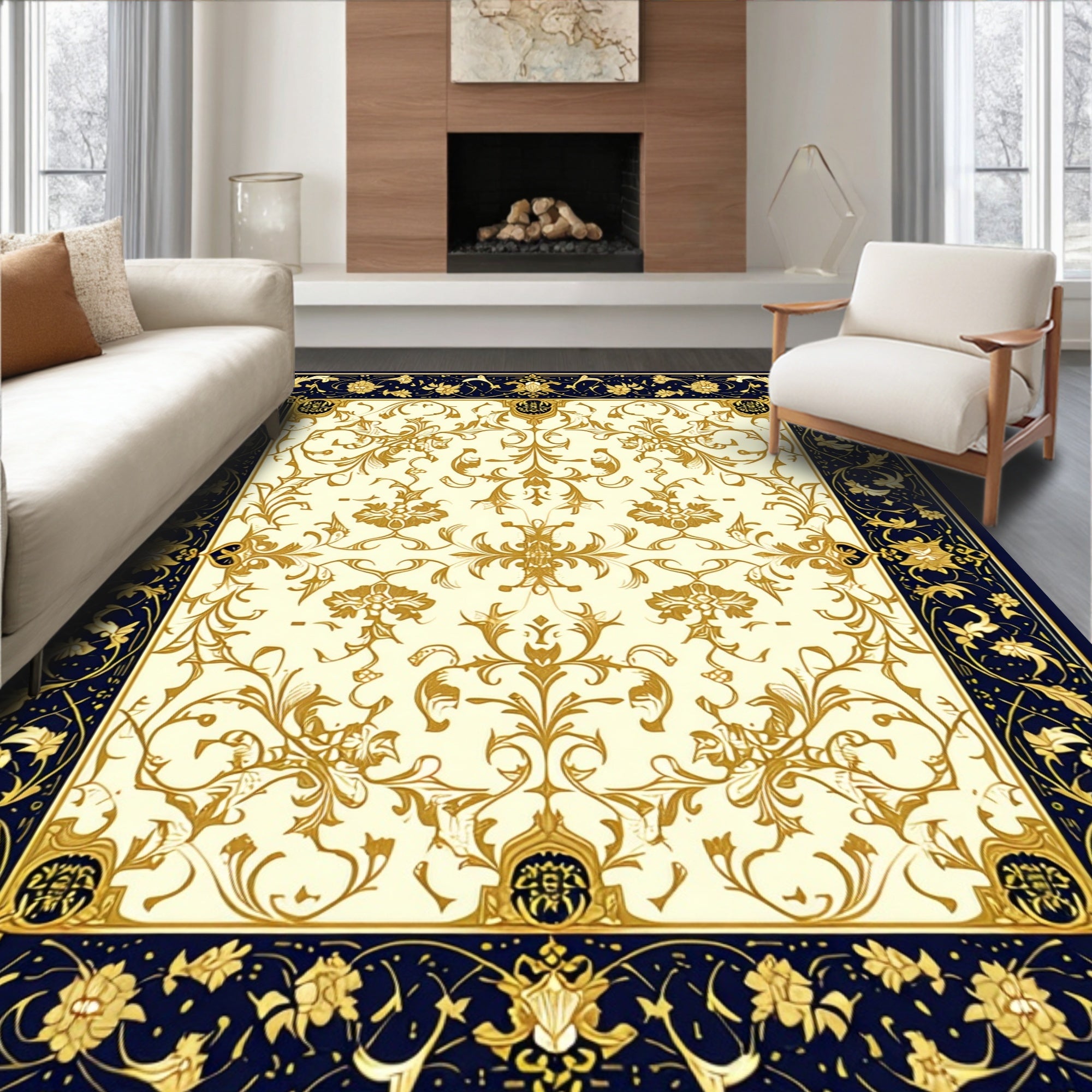 Ornate Golden Floral Scroll Design Rug