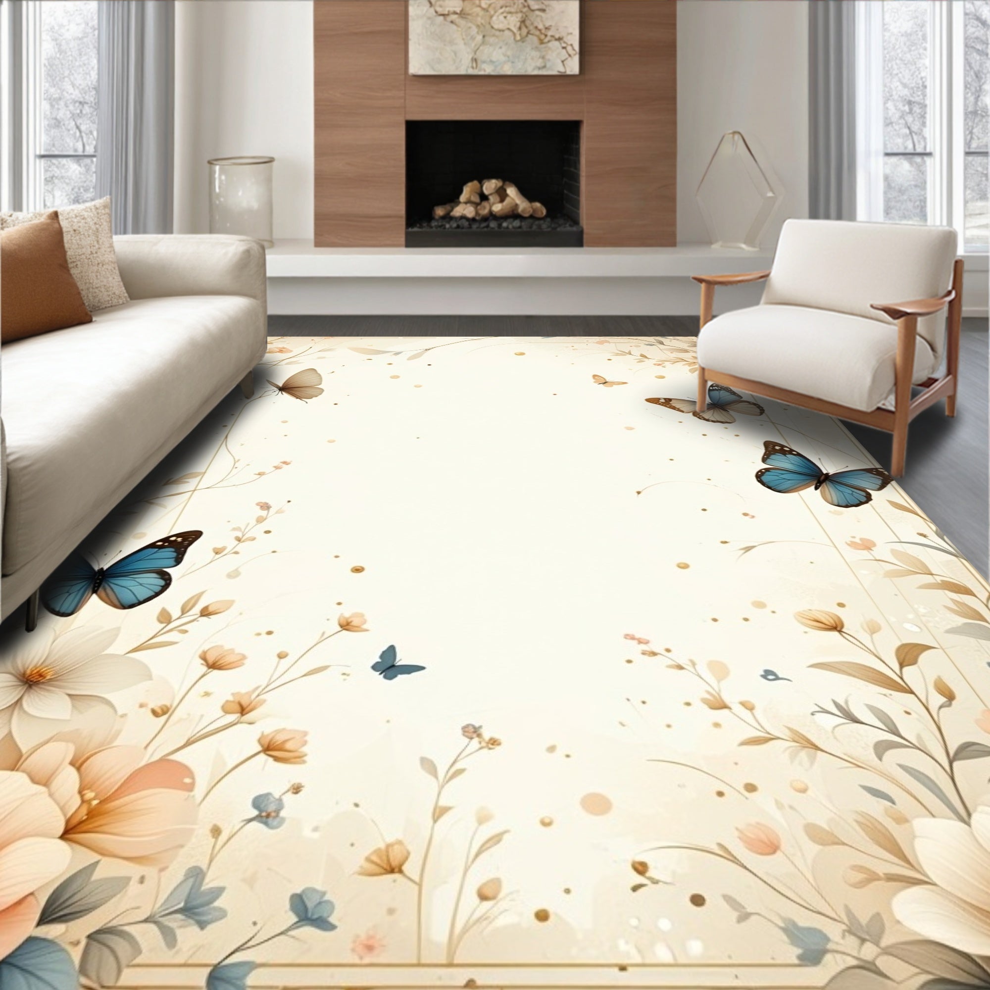Whimsical Floral Butterfly Garden Rug