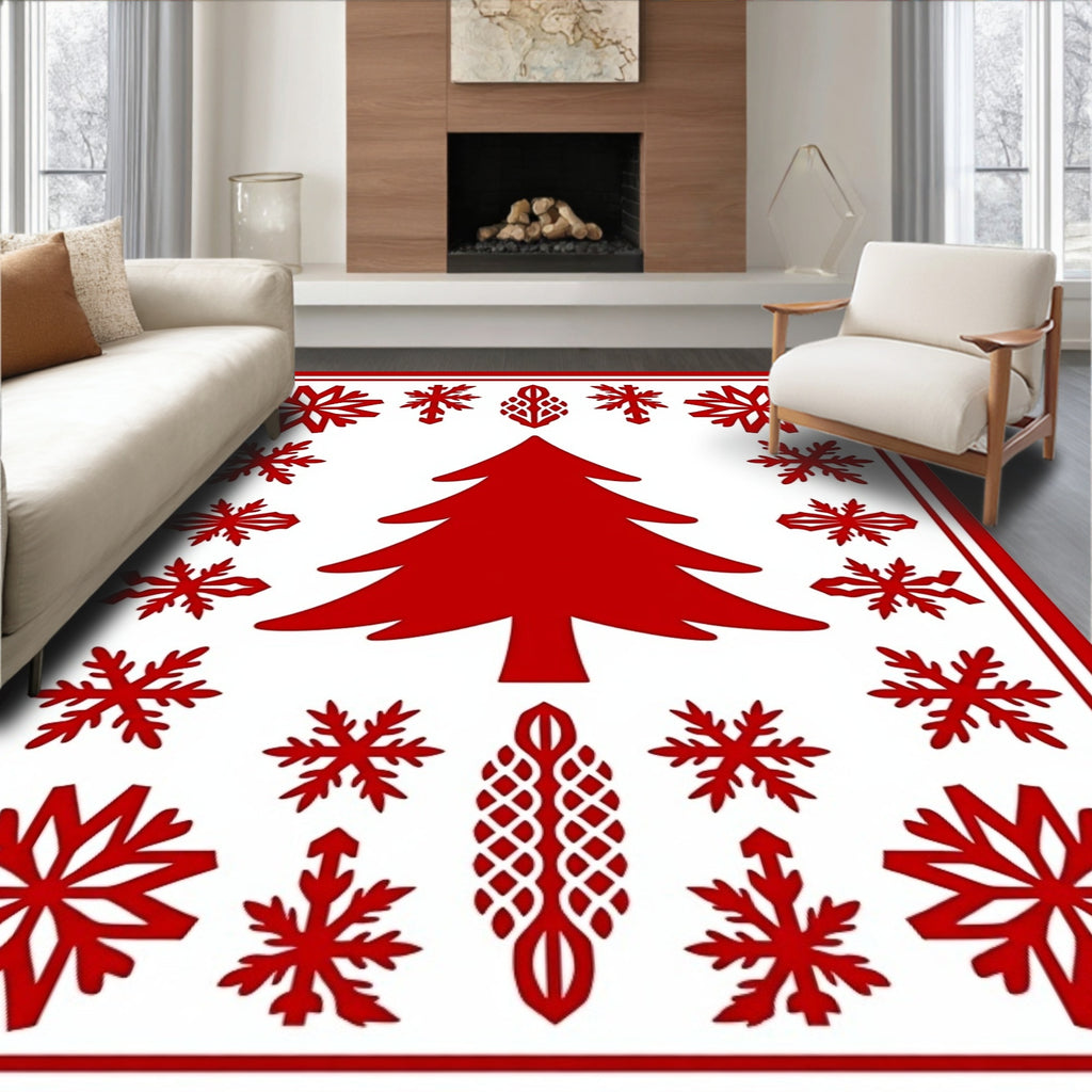 Red Winter Forest Snowflake Collage Rug