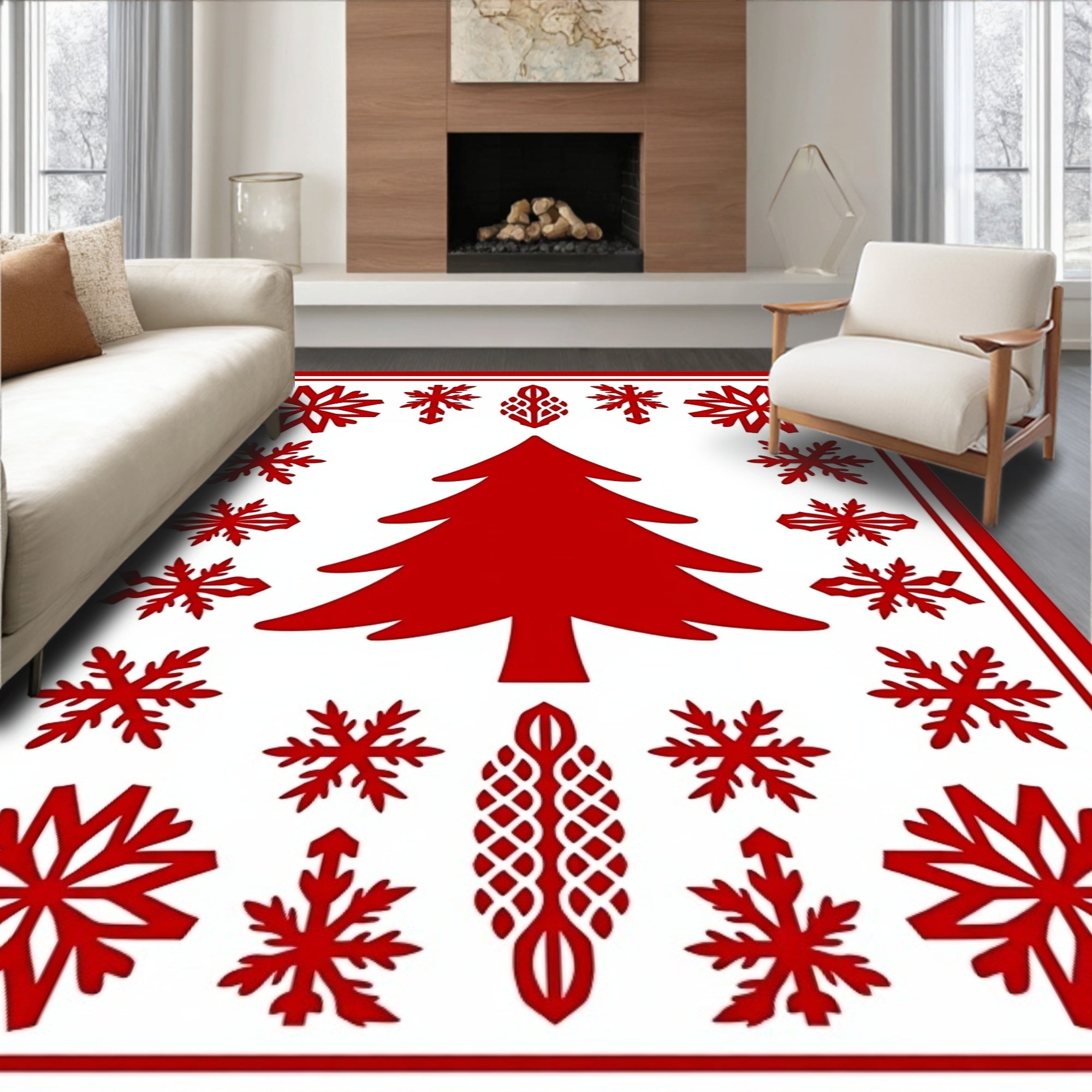 Red Winter Forest Snowflake Collage Rug