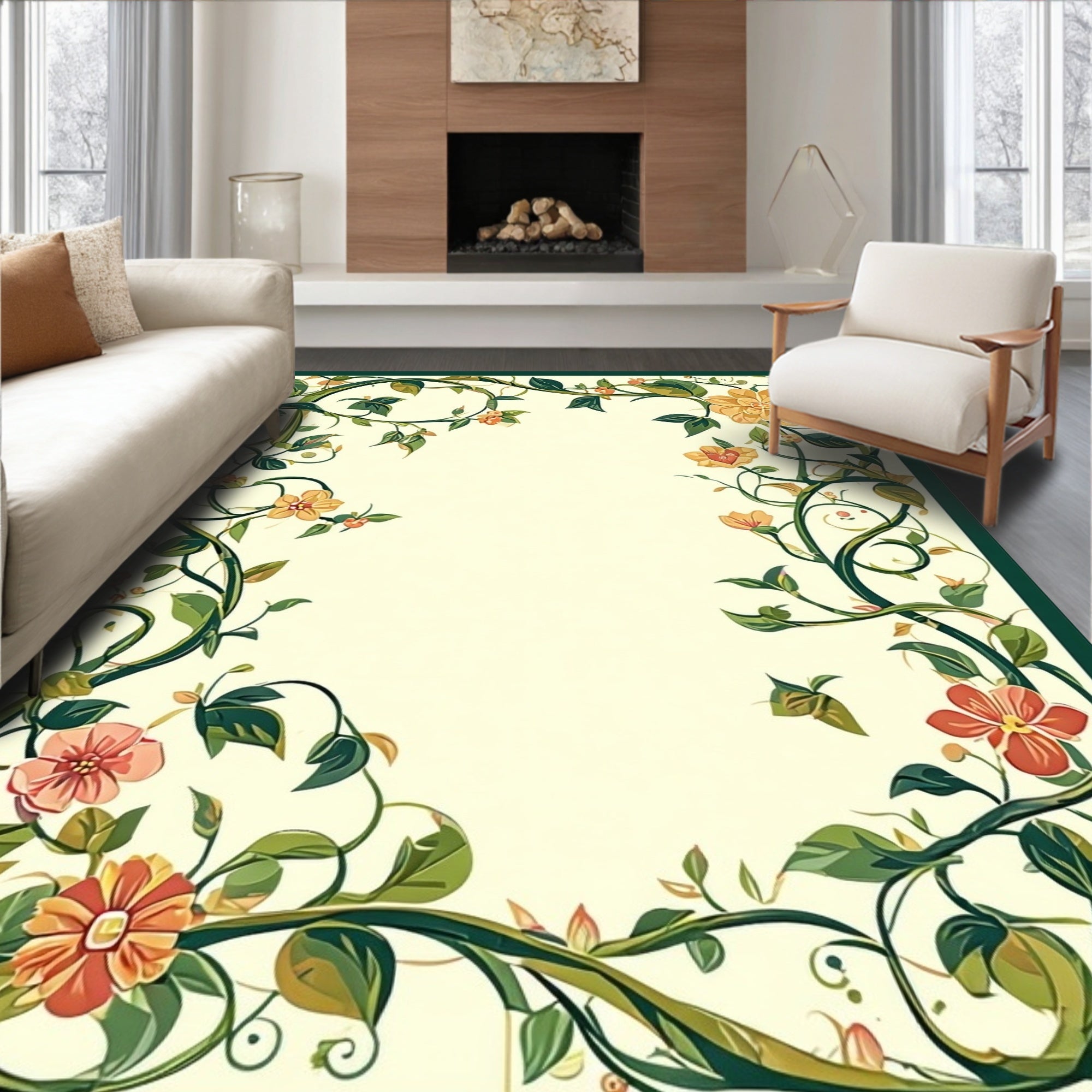 Green Vine Floral Pattern Rug