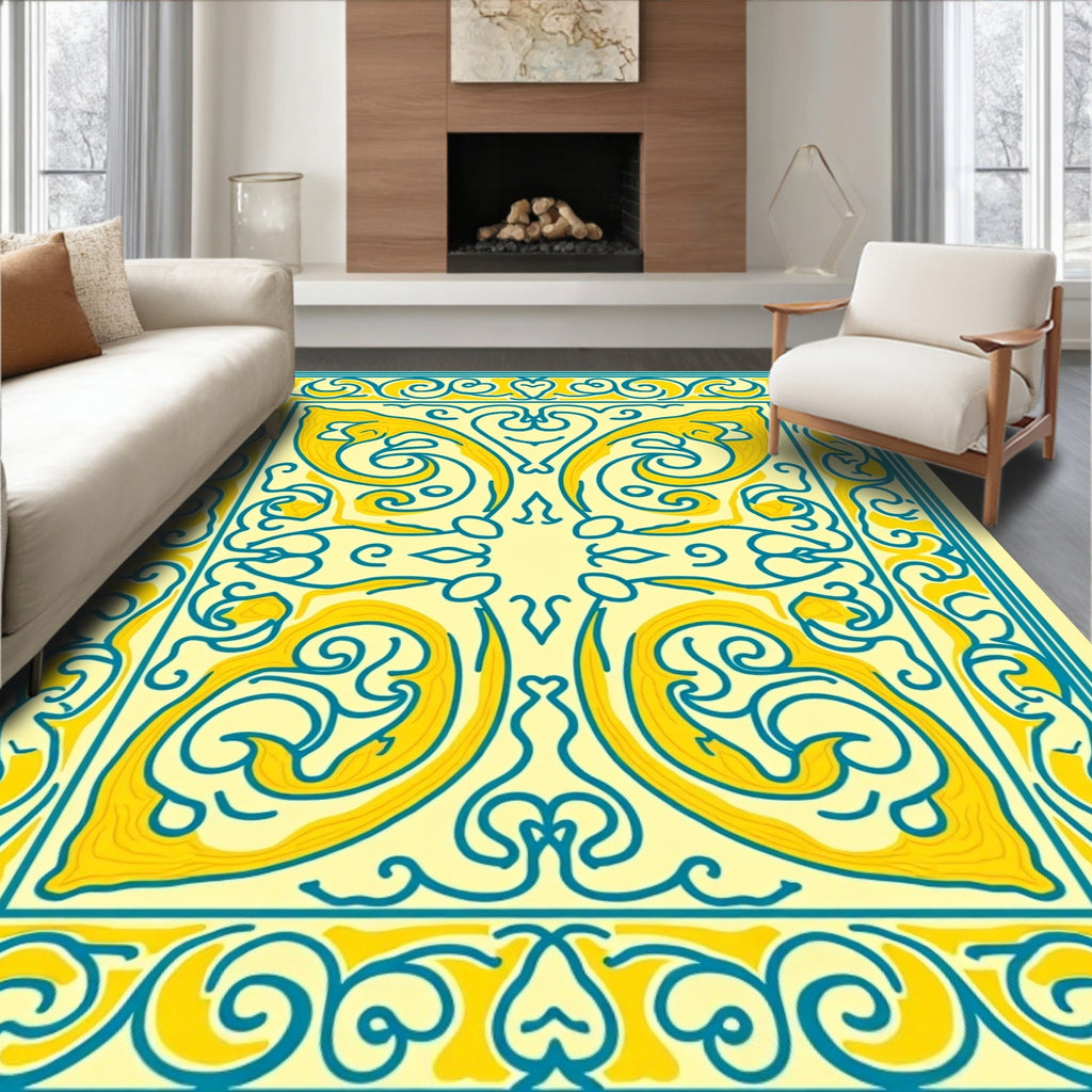 Yellow Blue Symmetrical Scrollwork Design Rug