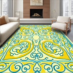 Yellow Blue Symmetrical Scrollwork Design Rug