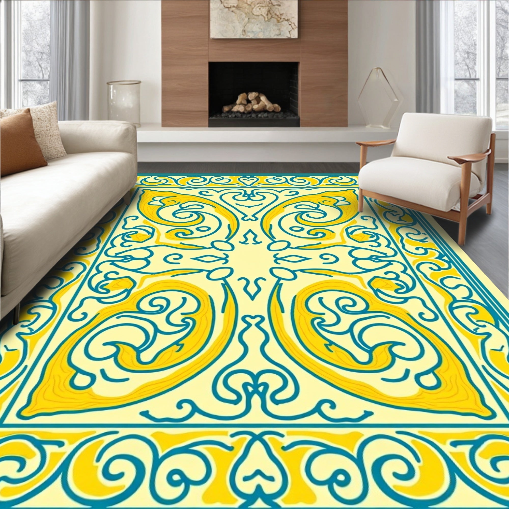 Yellow Blue Symmetrical Scrollwork Design Rug