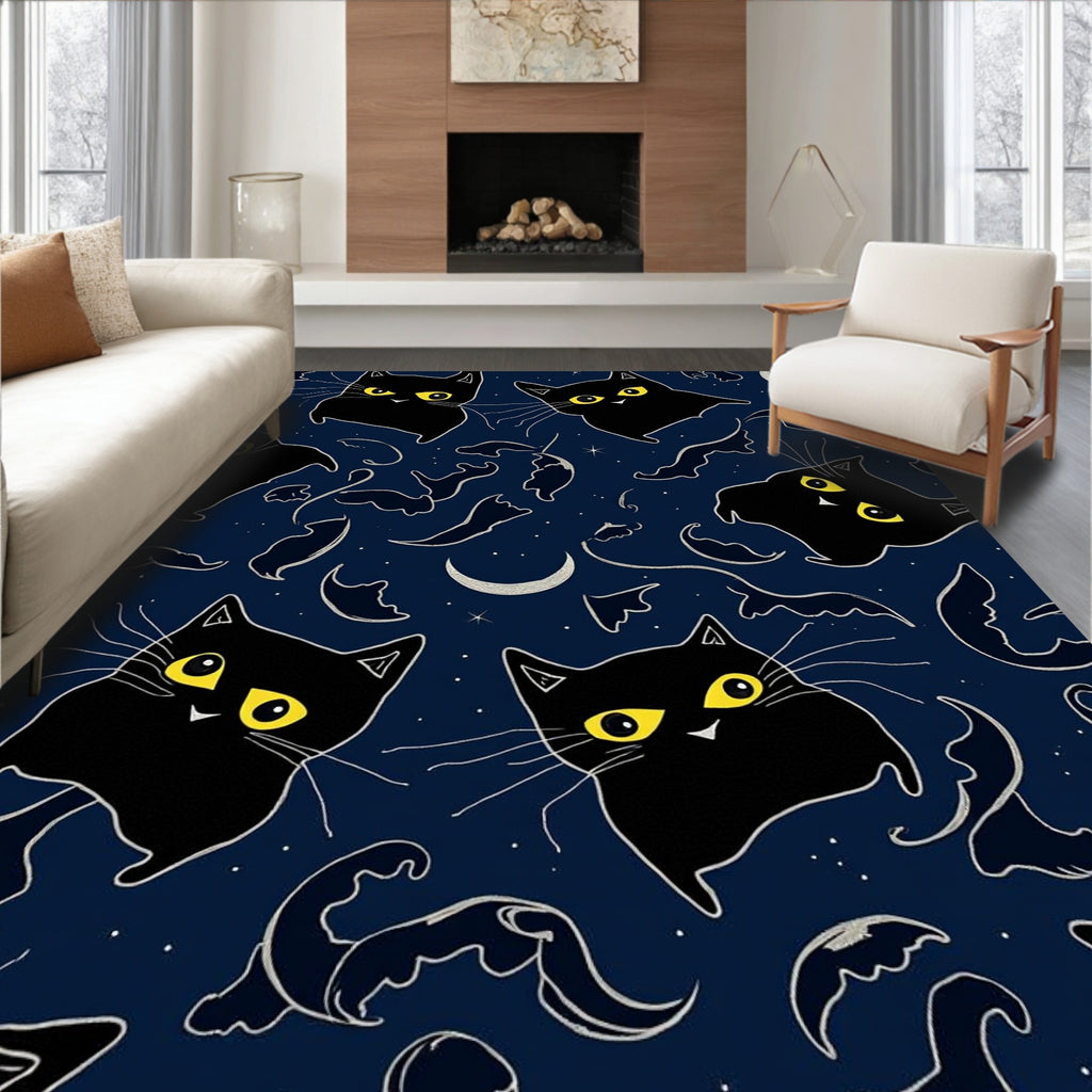 Whimsical Black Cat Night Theme Rug