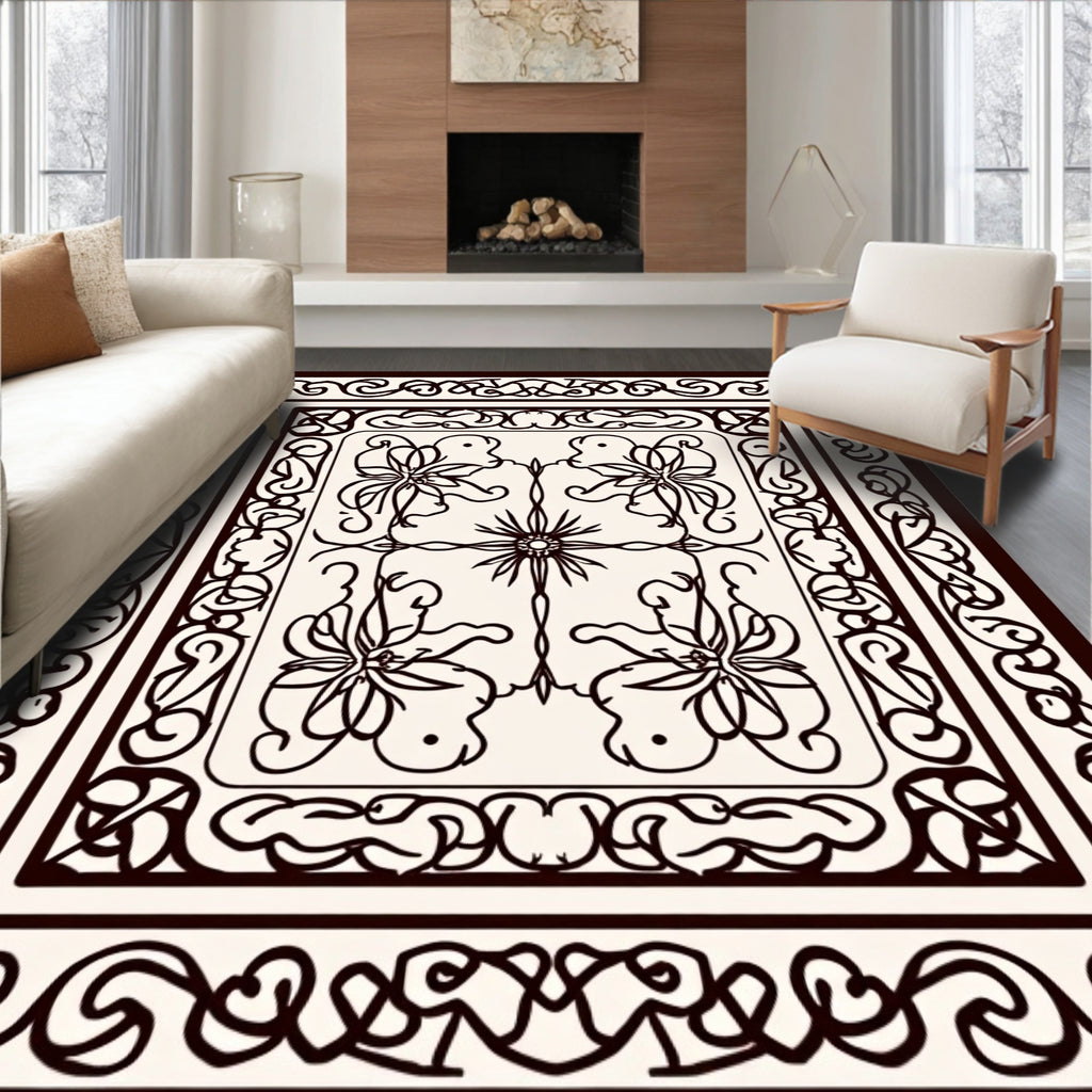 Intricate Floral Scroll Bordered Design Rug