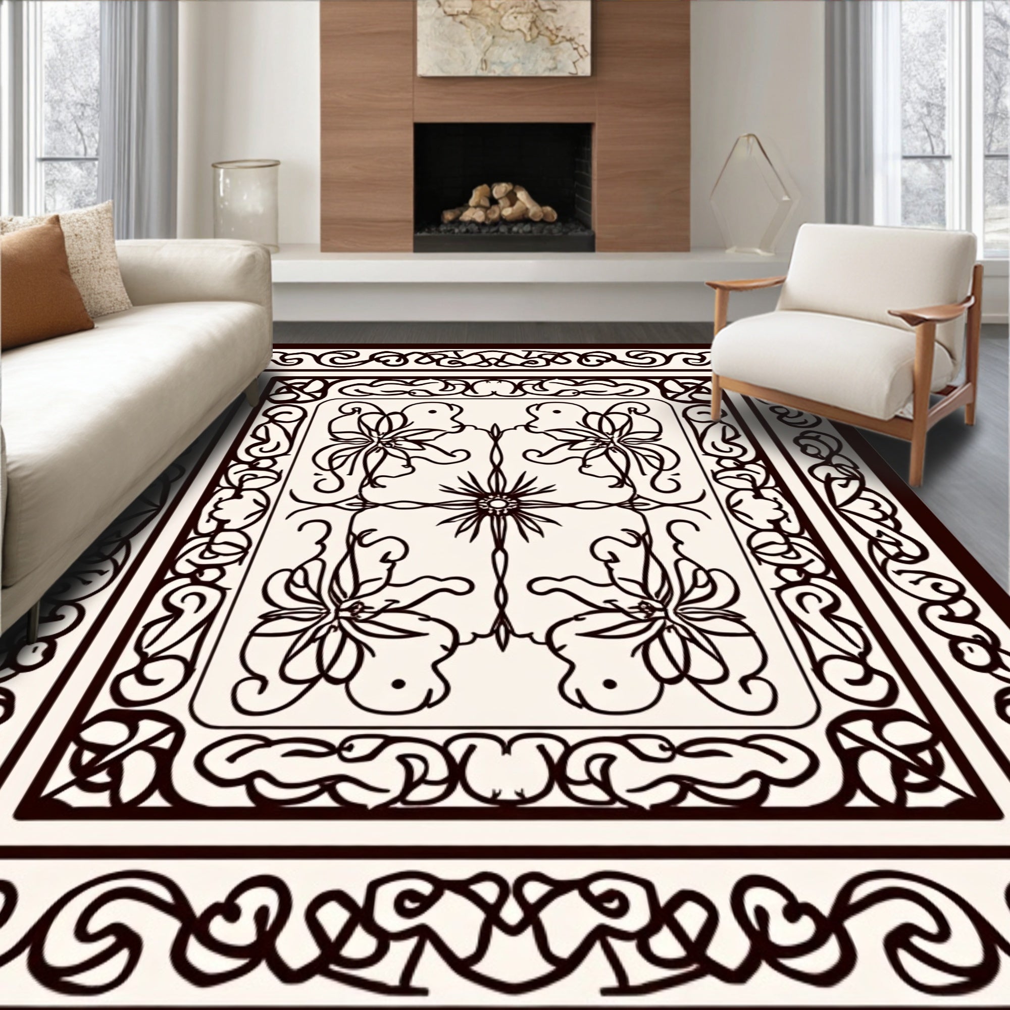 Intricate Floral Scroll Bordered Design Rug