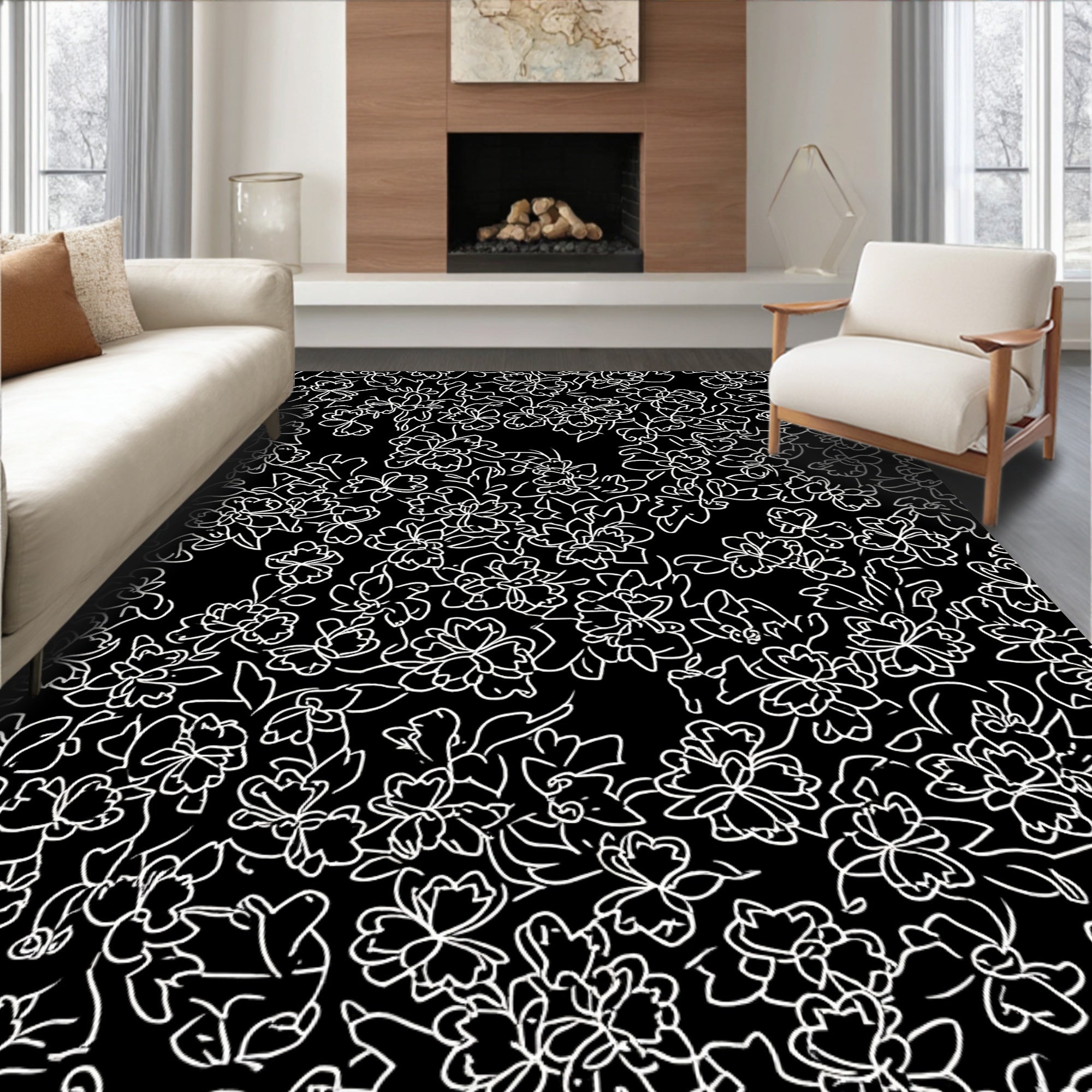Line Art Floral Pattern Rug