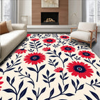 Bold Red Floral Leaf Pattern Rug