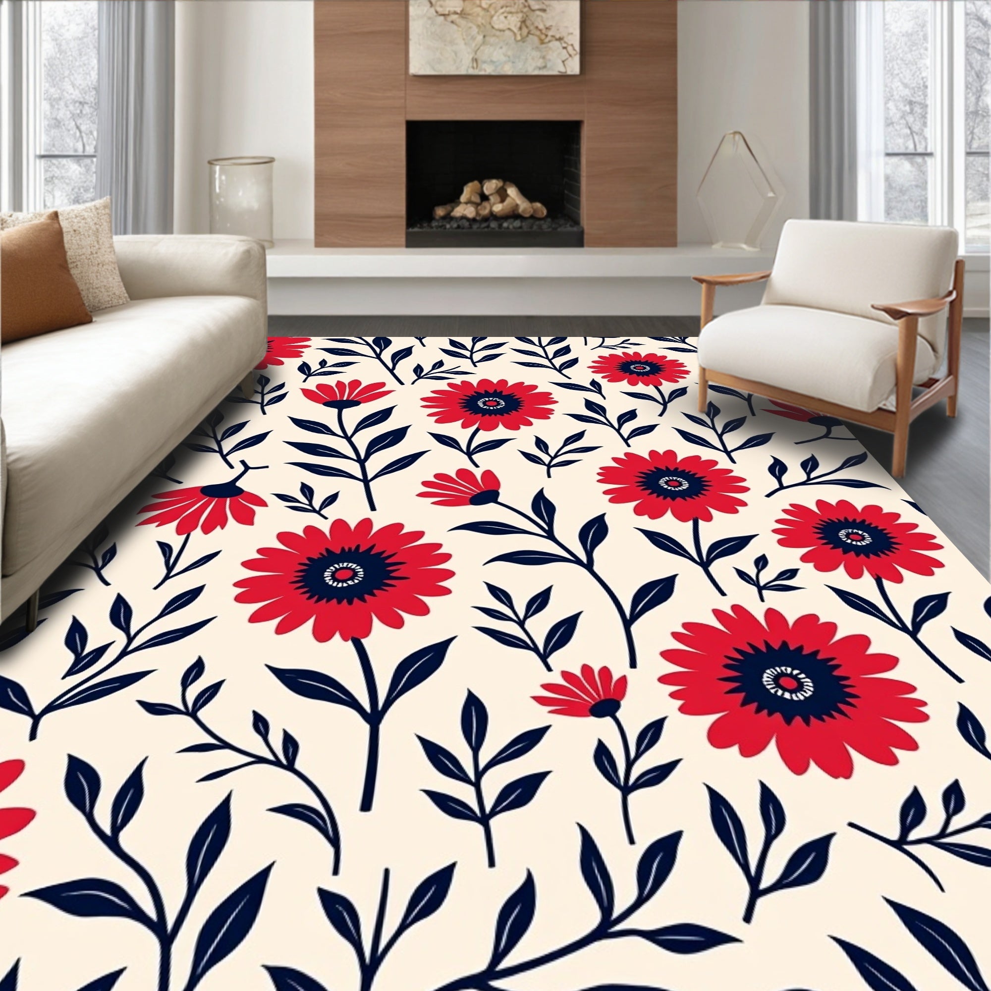 Bold Red Floral Leaf Pattern Rug