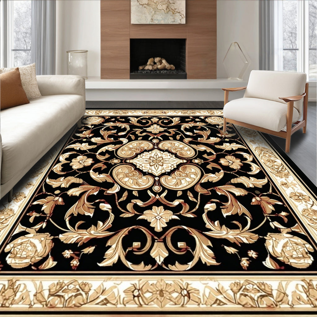 Ornate Floral Scrollwork Black Gold Design Rug