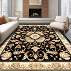 Ornate Floral Scrollwork Black Gold Design Rug