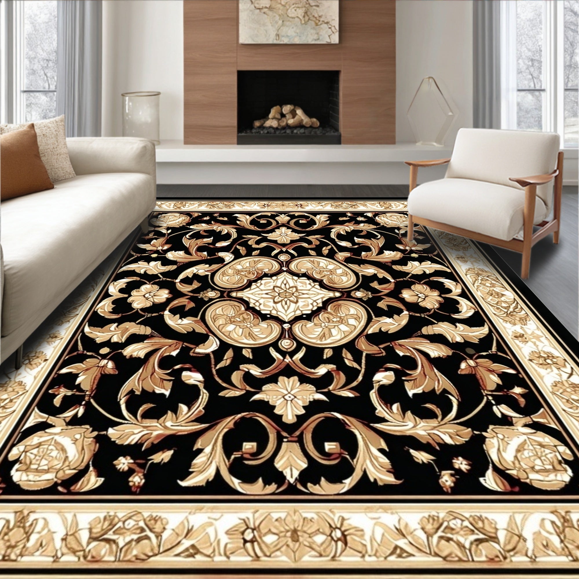 Ornate Floral Scrollwork Black Gold Design Rug