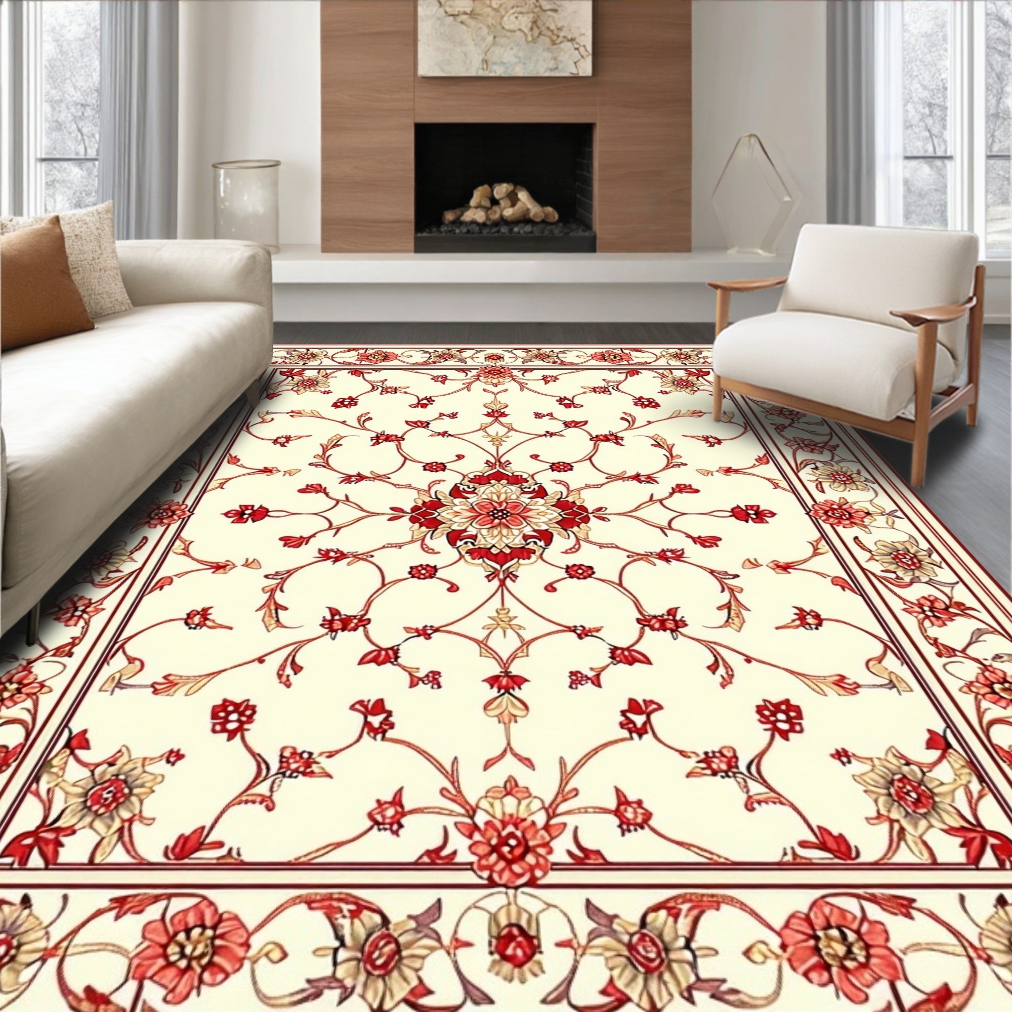 Intricate Floral Scrollwork Cream Rug