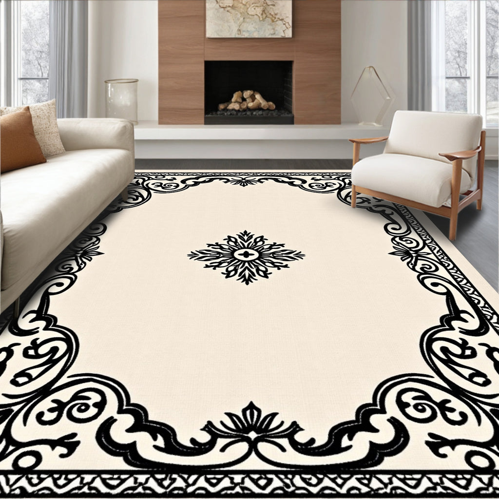 Elegant Black Scrollwork Floral Frame Rug