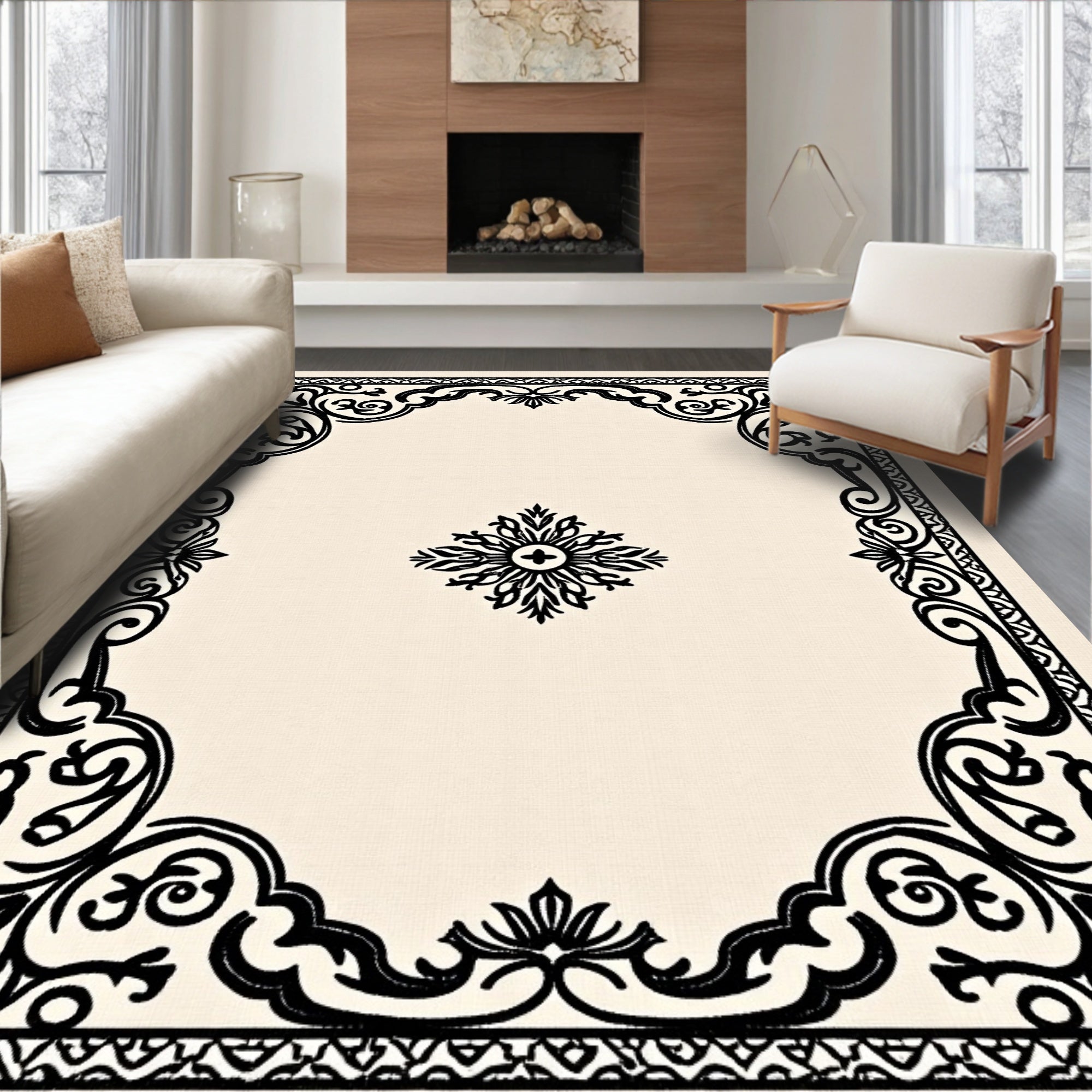 Elegant Black Scrollwork Floral Frame Rug