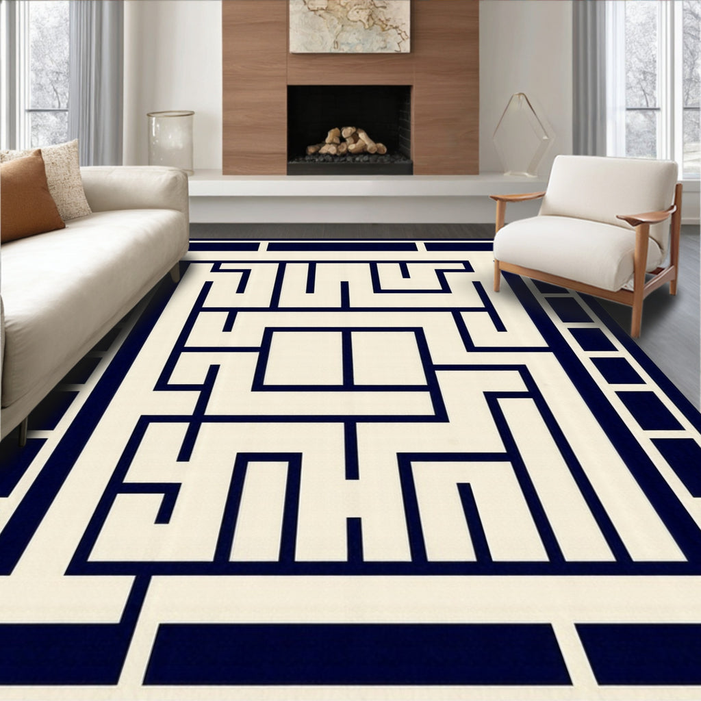 Navy Cream Geometric Maze Pattern Rug