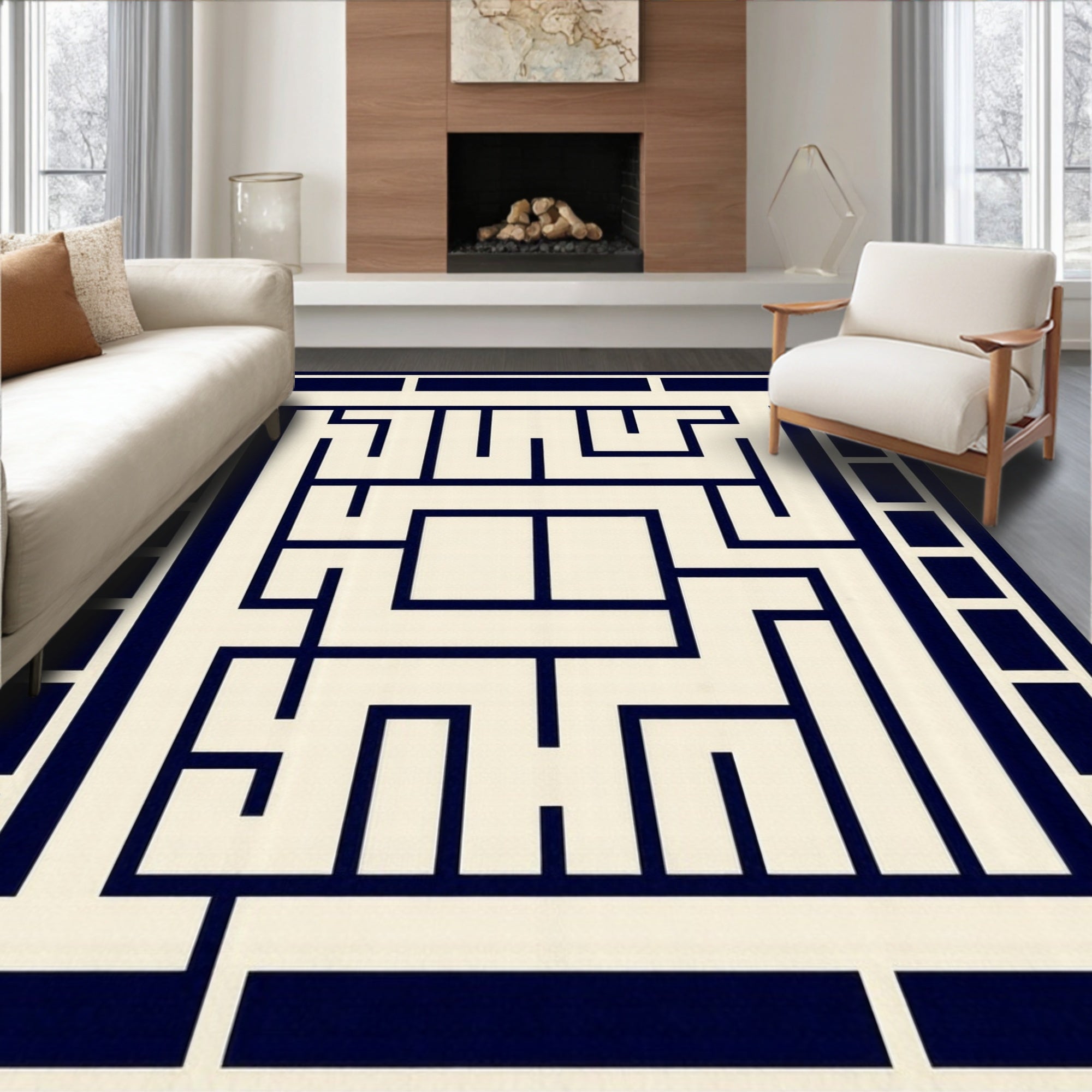 Navy Cream Geometric Maze Pattern Rug