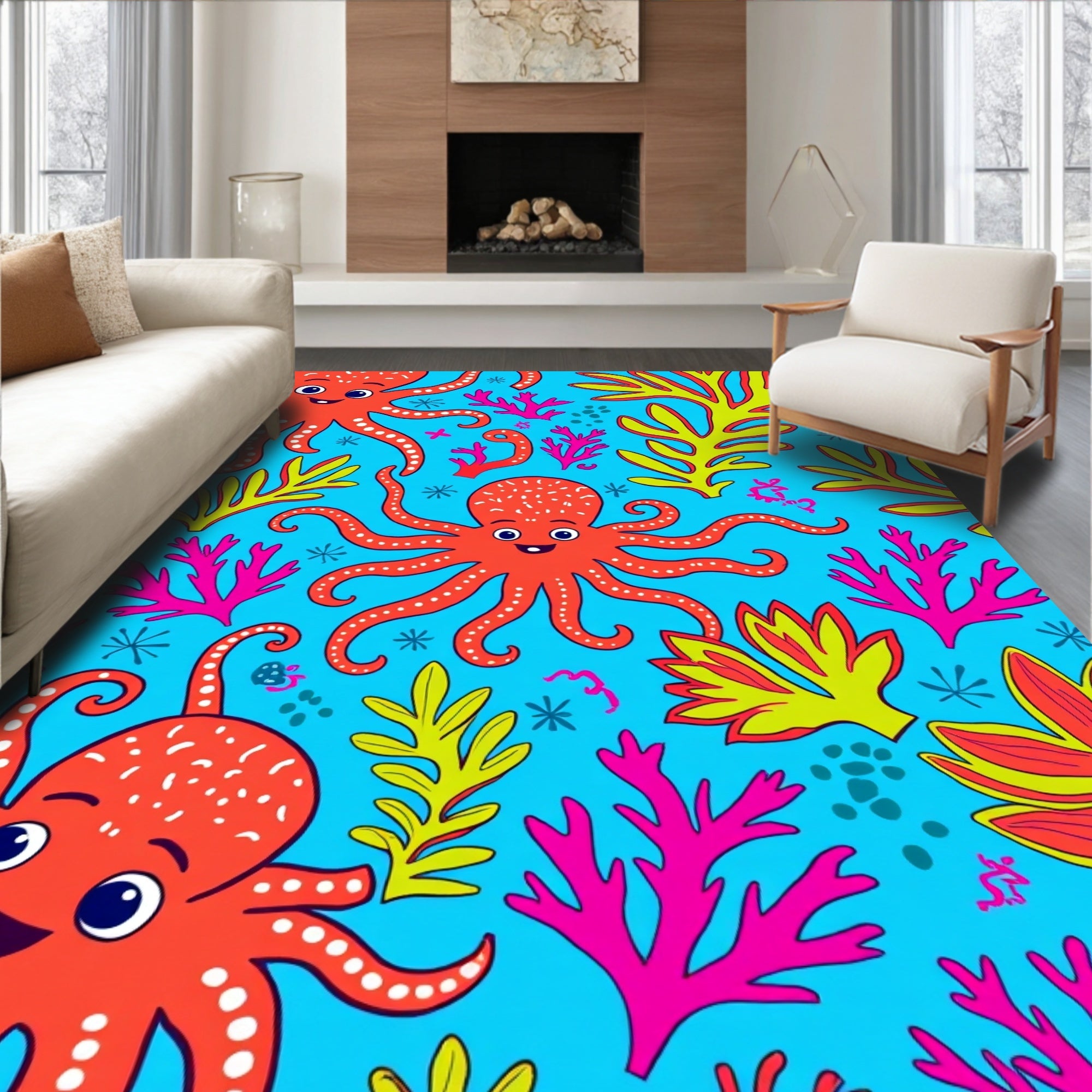 Playful Octopuses Coral Pattern Rug